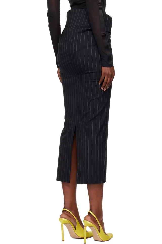 Mugler Navy Pinstripe Stretch Tube Midi Skirt, photo 3 of 4 from SSENSE