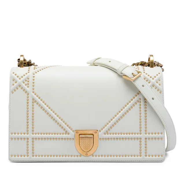 White Dior Medium Studded Lambskin Diorama Flap Crossbody Bag in White Lambskin from Designer Revival