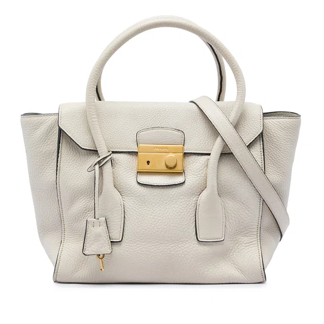 White Prada Vitello Daino Sound Lock Satchel in White Leather from Designer Revival