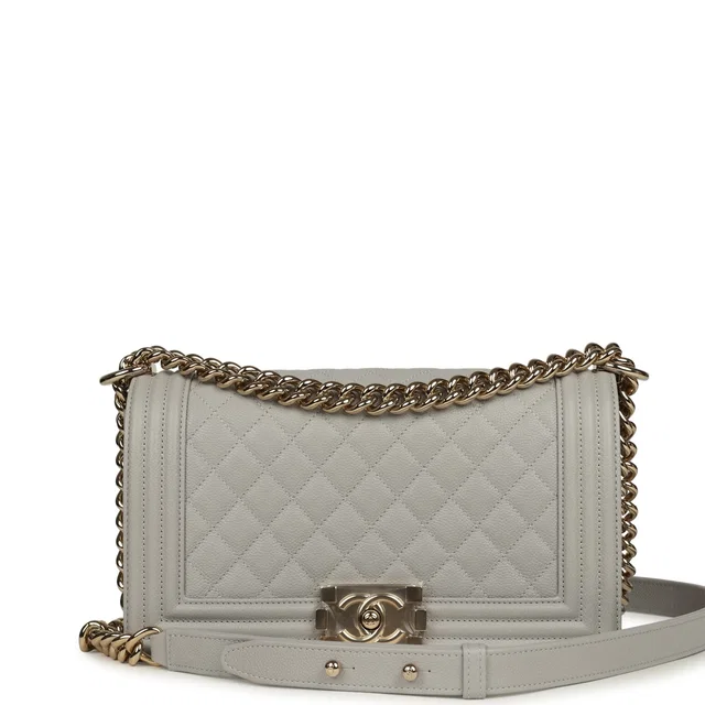 Chanel Medium Boy Bag Light Grey Caviar Light Gold Hardware in Grey Caviar leather from Madison Avenue Couture