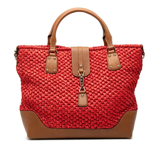 Red Gucci Wicker Santa Monica Tote Satchel in Red Raffia from Designer Revival