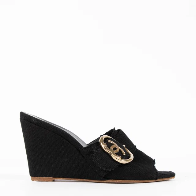 Chanel Black Canvas Sandals Size 37 in Black Canvas from Labellov