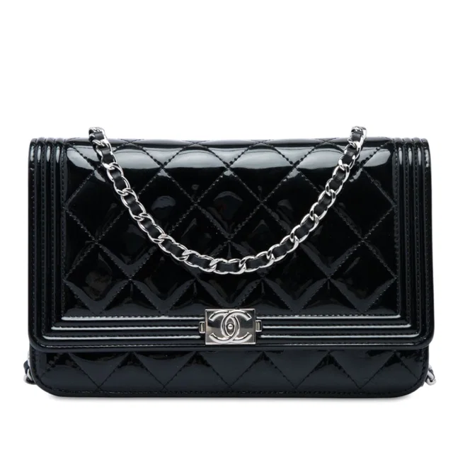 Black Chanel Quilted Patent Boy Wallet on Chain Crossbody Bag in Black Patent leather from Designer Revival
