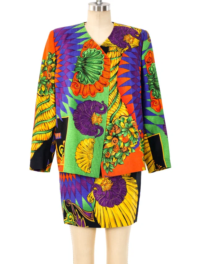 Versace Tropical Baroque Printed Skirt Suit in Multicolor Wool from Arcade Vintage