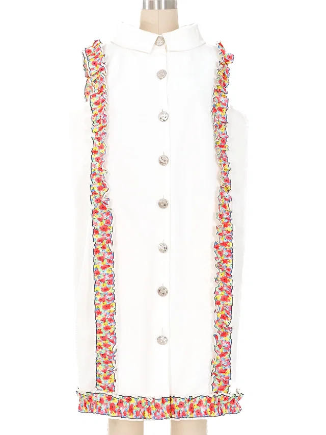 2016 Chanel Printed Ruffle Sleeveless Shirt Dress in Multicolor Silk from Arcade Vintage