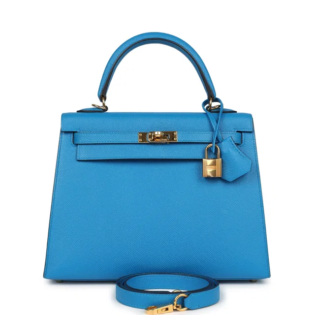 Hermès Kelly Sellier 25 Bleu Zanzibar Epsom Gold Hardware in Blue Epsom leather from Madison Avenue Couture