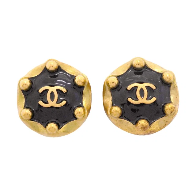 Chanel Earrings Vintage CC Logo Round Circle Gold Plated Black in Black from The Reluxe