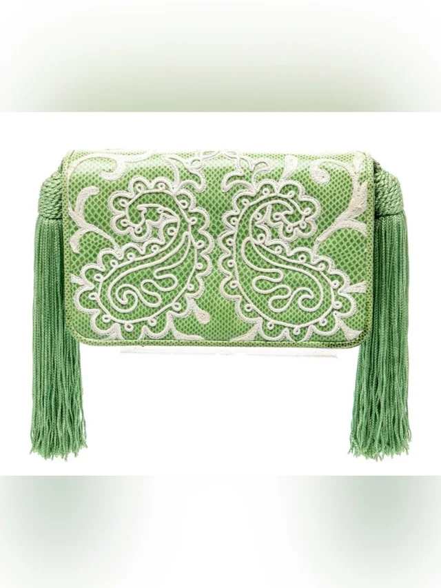 Judith Leiber Karung Embroidered Paisley Tassel Clutch in green|white from Poshmark