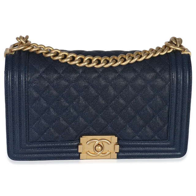 Chanel Navy Quilted Caviar Old Medium Boy Handbag Blue Leather in Navy Caviar leather from HEWI