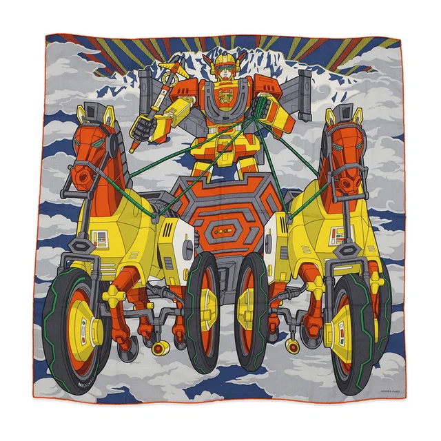 Hermès Carre H100 Mega Chariot Size 100 Blue/Ardoise/Orange Cashmere70% Silk30% in Blue from GALLERY RARE