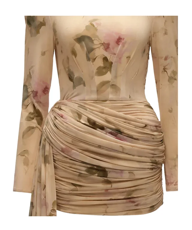 Magda Butrym Longsleeve sash mini dress in beige floral print, photo 3 of 4 from SENSER