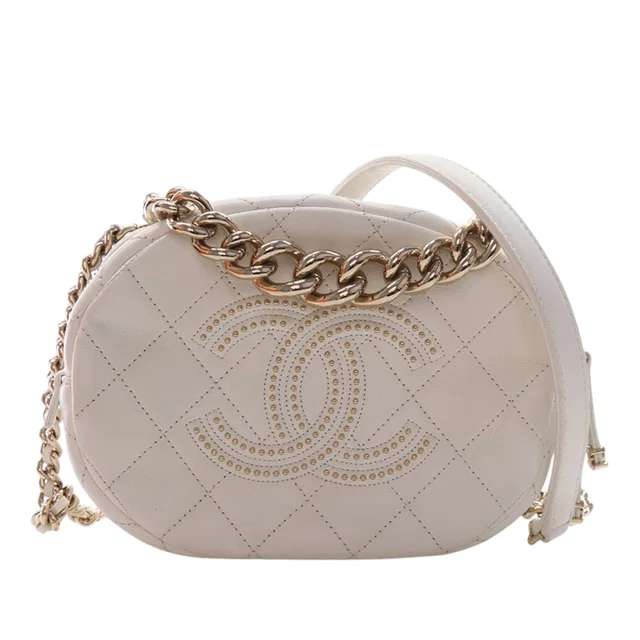 White Chanel CC Quilted Studded Lambskin Round Camera Bag in White Lambskin from Designer Revival