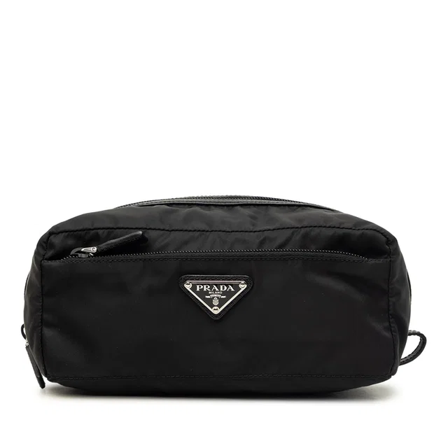 Black Prada Saffiano Trimmed Tessuto Pouch in Black Saffiano leather from Designer Revival