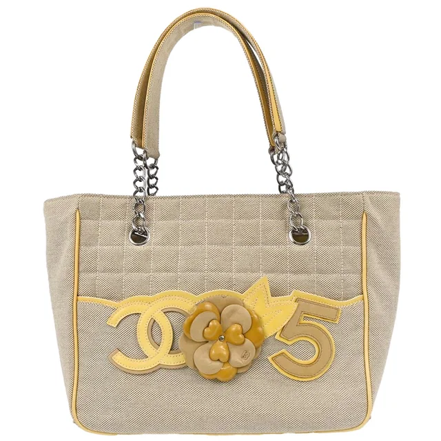Chanel 2005-2006 Black Yellow Canvas Camellia No.5 CC Tote Handbag in Black Canvas from AMORE Vintage Tokyo