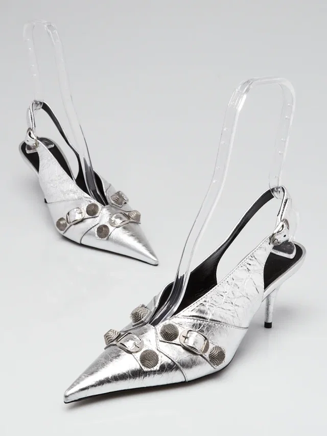 Balenciaga Metallic Silver Leather Cagole Slingback Pumps Size 7.5/38 in Silver Leather from Yoogis