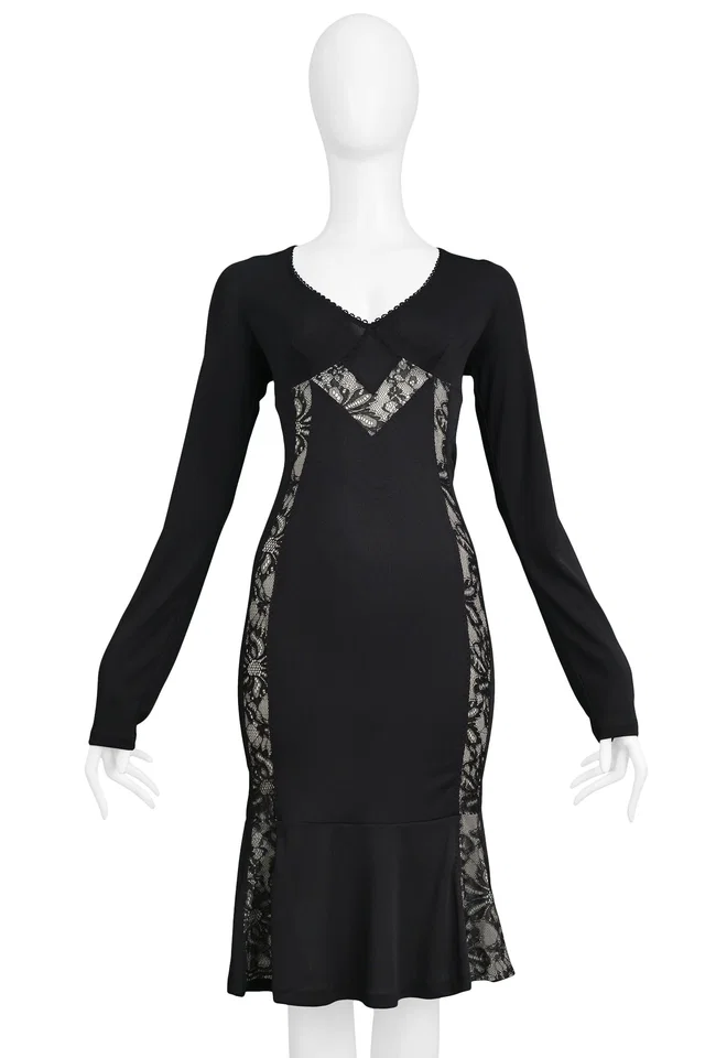 Dolce D&G Black Lace Panel Body Con Dress in Black Woven leather from Resurrection Vintage