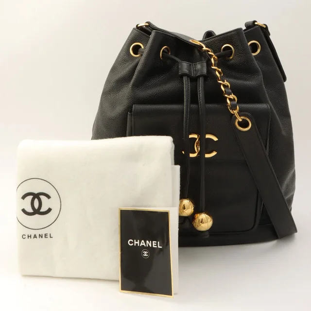 Chanel Circa 1995 Caviar Skin 6CC Turnlock Plate Pouch Drawstring Shoulder Bag Black in Black Caviar leather from VINTAGE QOO TOKYO, photo 14 of 14