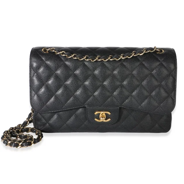 Chanel Black Quilted Caviar Jumbo Double Flap Bag in Black Caviar leather from myGemma