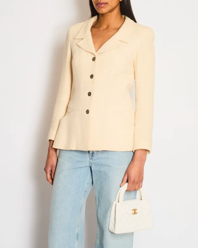 Chanel 00/C White and Peach Check Tweed Long Sleeve Jacket with Brushed Silver Logo Buttons Size FR… in White Tweed from Sellier