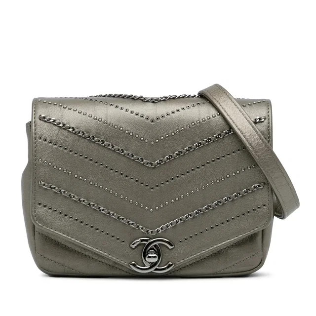 Gray Chanel Mini Embellished Calfskin Chevron Square Envelop Flap Crossbody Bag in Grey Calfskin from Designer Revival