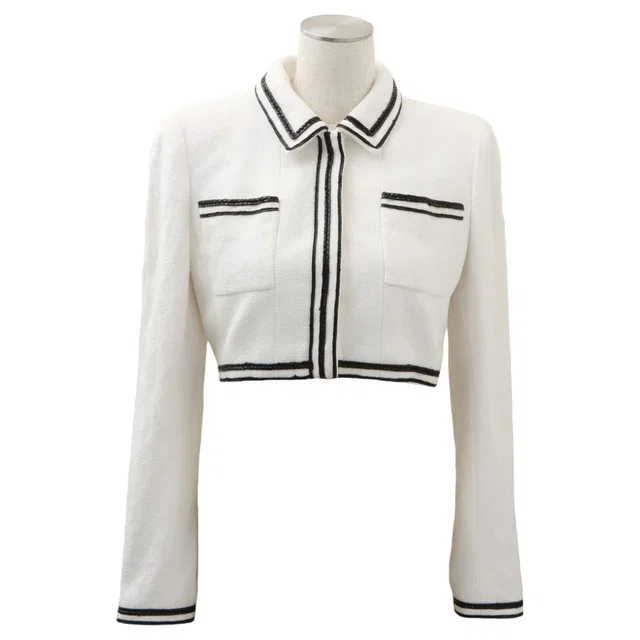 Chanel 1995 Tweed CC Mark Button Cropped Jacket #38 White in White Tweed from VINTAGE QOO TOKYO