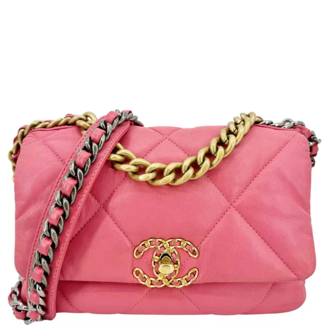 CHANEL 19 Flap Medium Quilted Lambskin Leather Shoulder Bag Pink in Pink Lambskin from Dallas Designer Handbags
