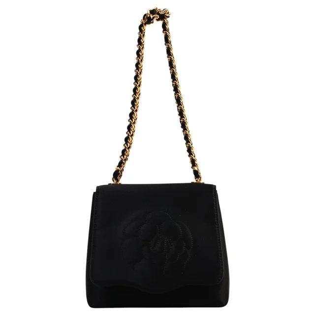 Chanel Camellia Stitch Chain Handbag, circa 1997, Black in Black Satin from VINTAGE QOO TOKYO