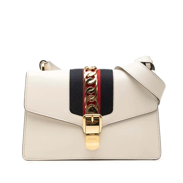 White Gucci Small Calfskin Web Sylvie Satchel in White Calfskin from Designer Revival
