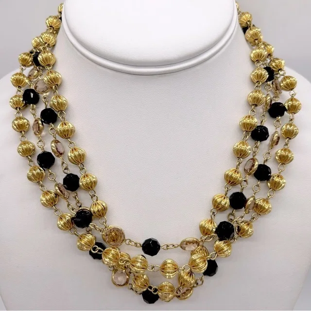 Swarovski Vintage Sal 4-Strand Bezel And Faceted Crystals Gold Beads Necklace in black|gold from Poshmark