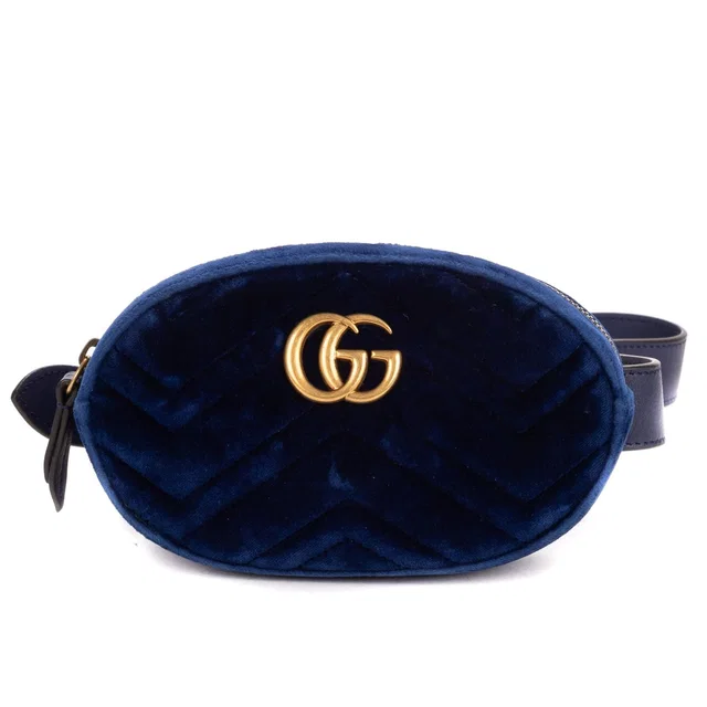 Gucci Marmont Belt Bag Navy Chevron Velvet Canvas in Navy Canvas from The Reluxe