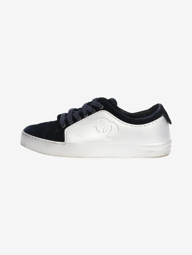 Chanel Silver and blue velvet-trimmed CC trainers - size EU 37 in Blue Velvet from Sign of the Times