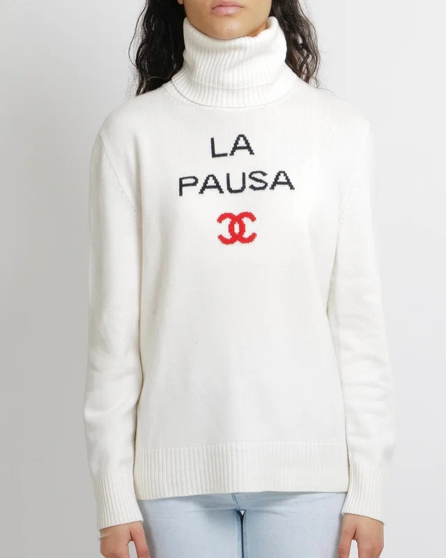 Chanel Cruise 2019 White Cashmere La Pausa High-Neck Jumper with Black Logo Print and Red CC Logo… in Black Cashmere from Sellier