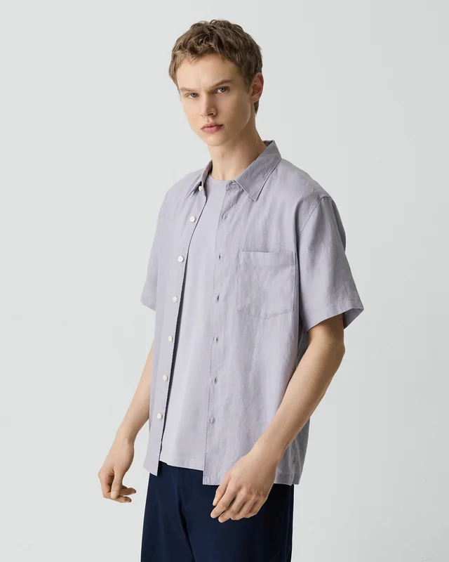 Theory Irving Short-Sleeve Shirt in Relaxed Linen in GRAY LILAC 100% Linen, photo 2 of 14 from Theory