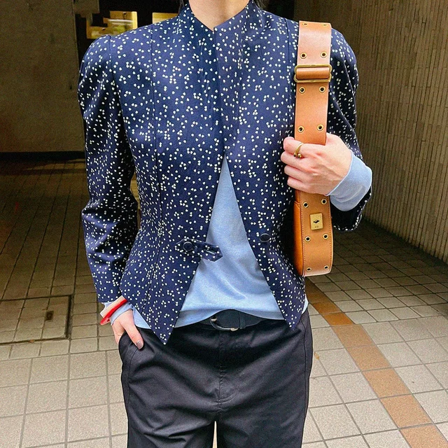 Dior Heart Dot Pattern Collarless Jacket #9 Navy/Ivory in White Wool from VINTAGE QOO TOKYO