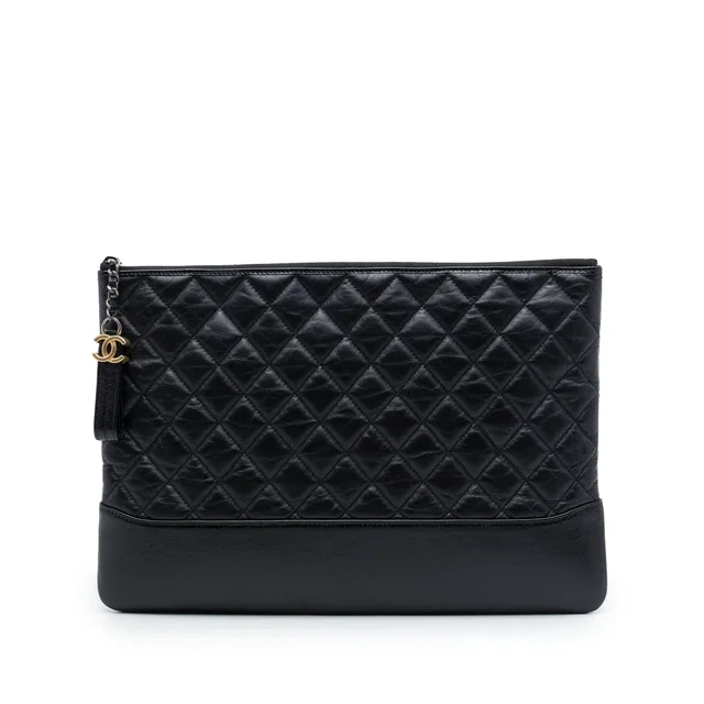 Black Chanel Large Aged Calfskin Gabrielle O Case Clutch in Black Calfskin from Designer Revival