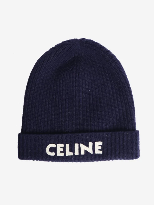 Celine Blue ribbed logo beanie in Blue Wool from Sign of the Times