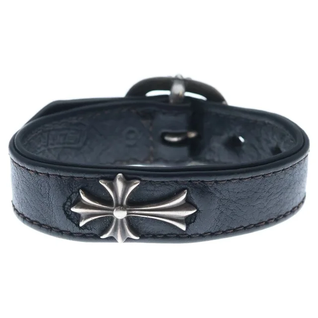 Chrome Hearts Gunslinger Tiny CH Cross Decoration Leather Bracelet Black Silver in Black Leather from The Reluxe