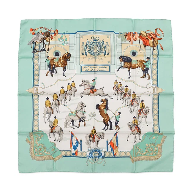 Hermès Royal Andalusian Equestrian School Carre Size 90 Light Green/Multicolor Silk100% in Green from GALLERY RARE