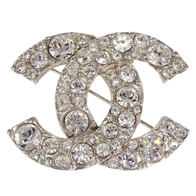 Chanel CC Brooch Pin Silver Rhinestone 09V in Silver from AMORE Vintage Tokyo