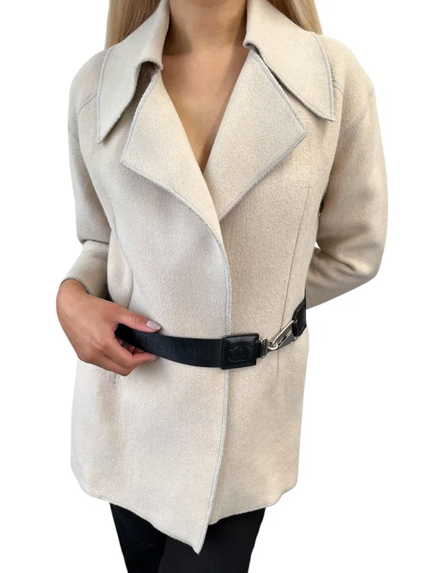 Chanel Sport Vintage CC Mark Logo Open Front Jacket Belt Beige Black Wool in Black Wool from Luxury Promise