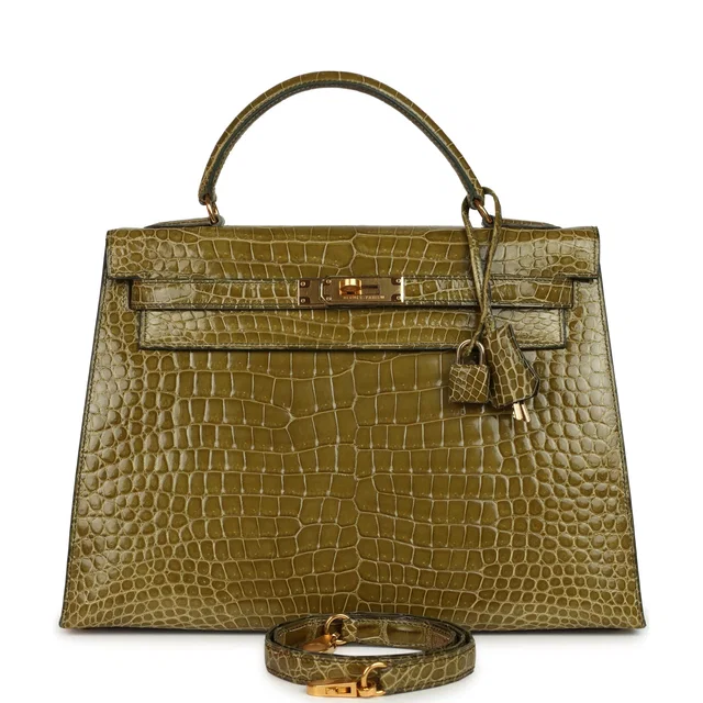 Hermès Vintage Kelly Sellier 32 Vert Anis Shiny Porosus Crocodile Gold Hardware in Green Crocodile from Madison Avenue Couture
