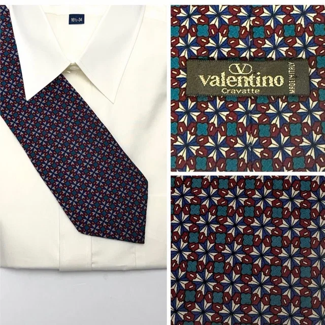 Valentino Garavani Cravatte Silk Tie Geometric Pattern Burgundy Blue Gray Made In Italy in blue|gray Silk from Poshmark
