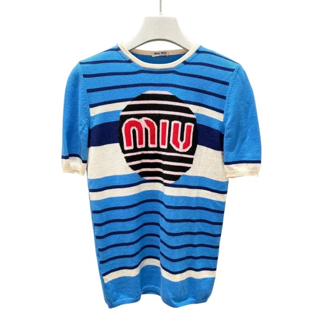 Miu Miu Blue Stripped Wool Knit Top Shirt - size 40 in Blue Wool from Luxury Promise
