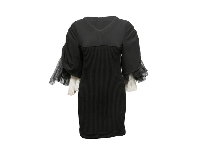 Black & White Chanel Ribbed Tulle-Accented Mini Dress Size FR 42 in Black from Designer Revival