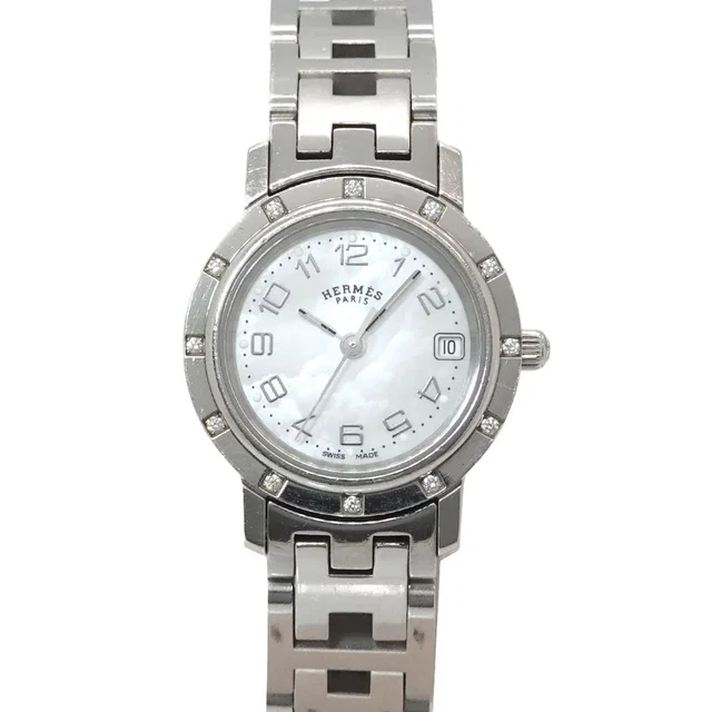 Hermès Cles Cl4 230 Watch Diamond Bezel White Shell Quartz Clipper in White from The Reluxe