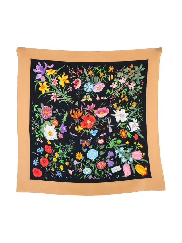 Gucci Flora Beige and Black Silk Scarf in Black Silk from Arcade Vintage