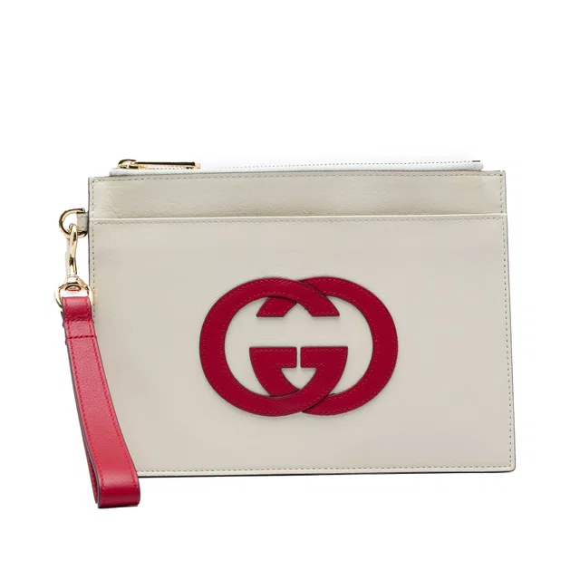 White Gucci Calfskin Interlocking G Wristlet Clutch in White Calfskin from Designer Revival