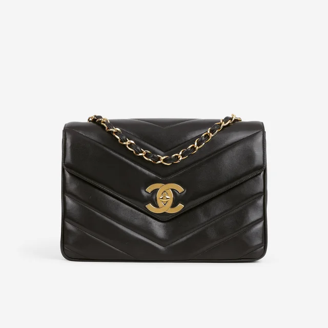 Chanel Vintage Jumbo Chevron Flap - Black Lambskin | Gold Hardware in Black Lambskin from Bagista