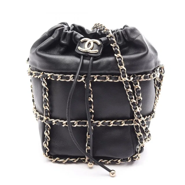 Chanel Shoulder Bag CC Logo Drawstring Black Lambskin Small in Black Lambskin from The Reluxe