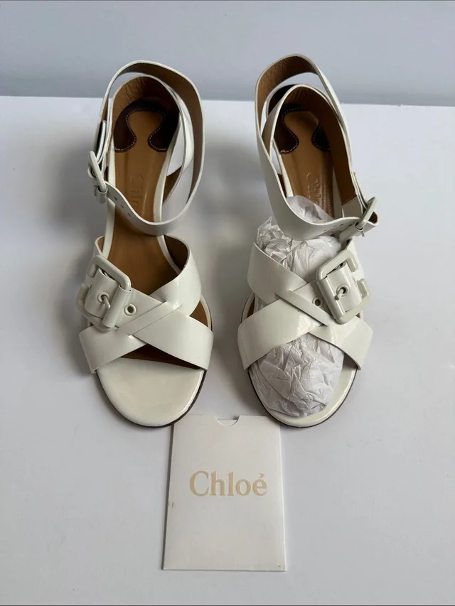 Chloé Patent Leather Crisscross Ankle-Strap Heeled Sandals W/Buckles in white Patent leather from Poshmark